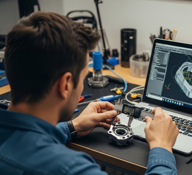 Egyedi alkatrészek mérése. Egy férfi, tolómérővel mér a laptop előtt.